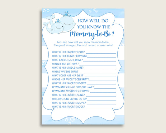 Blue White How Well Do You Know Mommy Game, Whale Baby Shower Boy, Who Knows Mommy Best Printable, Nautical Sea Summer Popular Theme wbl01