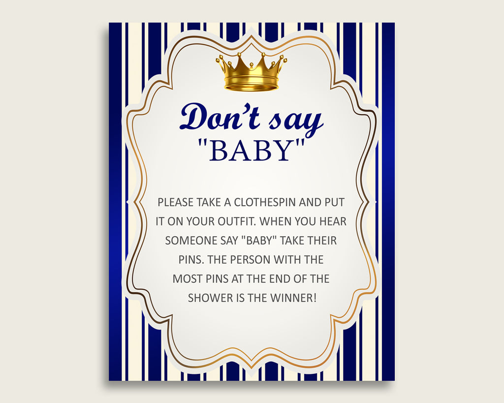 Blue Gold Don't Say Baby Printable Game, Boy Baby Shower Royal Prince Game Sign, Instant Download, 8x10, Prince Theme Navy Royal Blue rp001