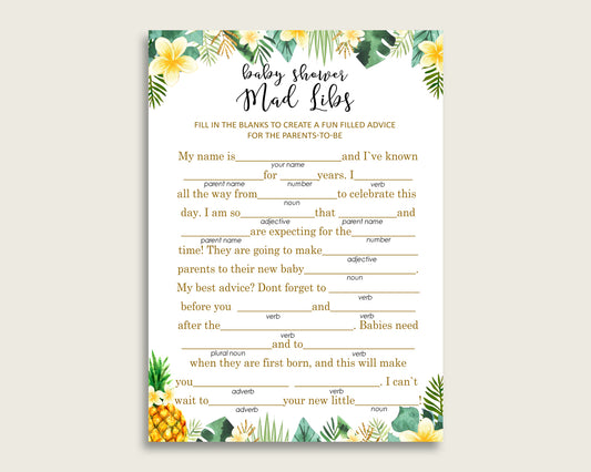 Green Yellow Mad Libs Baby Shower Gender Neutral Game Printable, Tropical Mad Libs Fun Activity, DIY digital file, Summer Themed Party 4N0VK