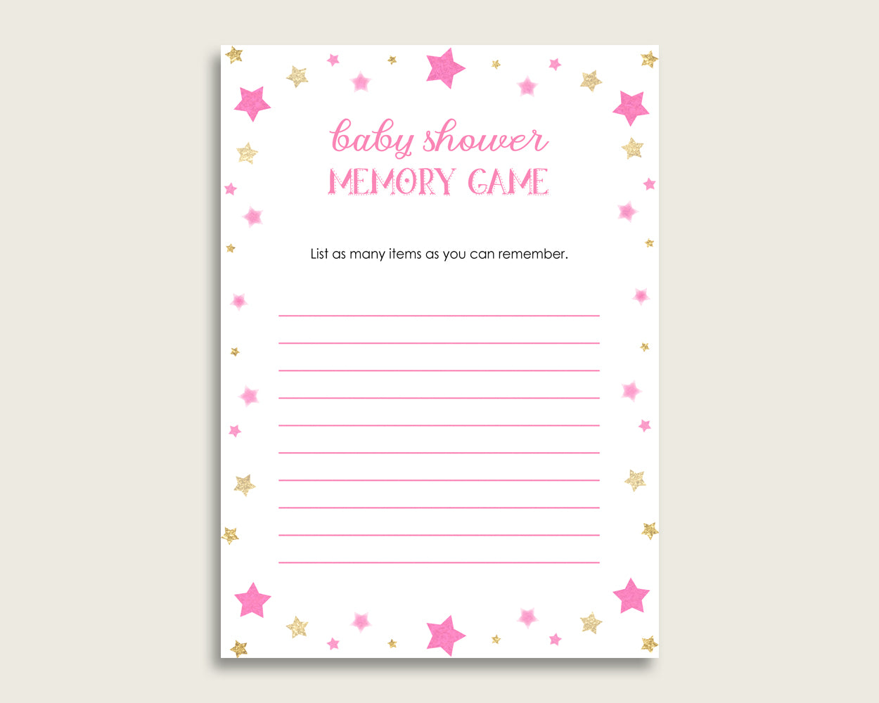 Twinkle Star Baby Shower Memory Game, Pink Gold Memory Guessing Game Printable, Baby Shower Girl, Instant Download, Most Popular bsg01