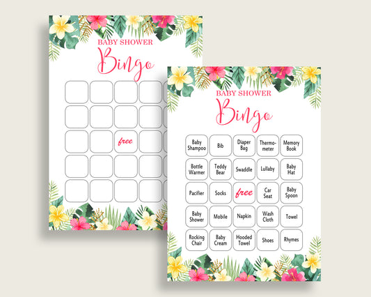 Hawaiian Baby Shower Bingo Cards Printable, Pink Green Baby Shower Girl, 60 Prefilled Bingo Game Cards, Tropical Flowers Palm Leaves 955MG