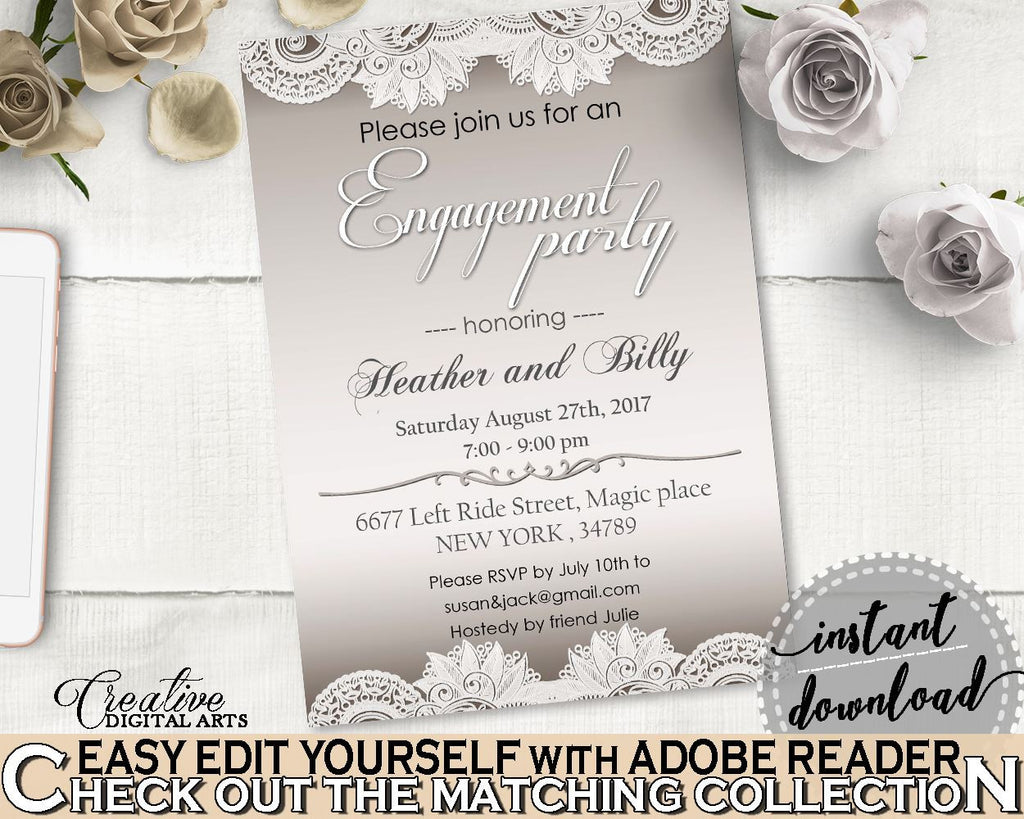 Brown And Silver Traditional Lace Bridal Shower Theme: Engagement Party Invitation Editable - inexpensive shower, party planning - Z2DRE - Digital Product