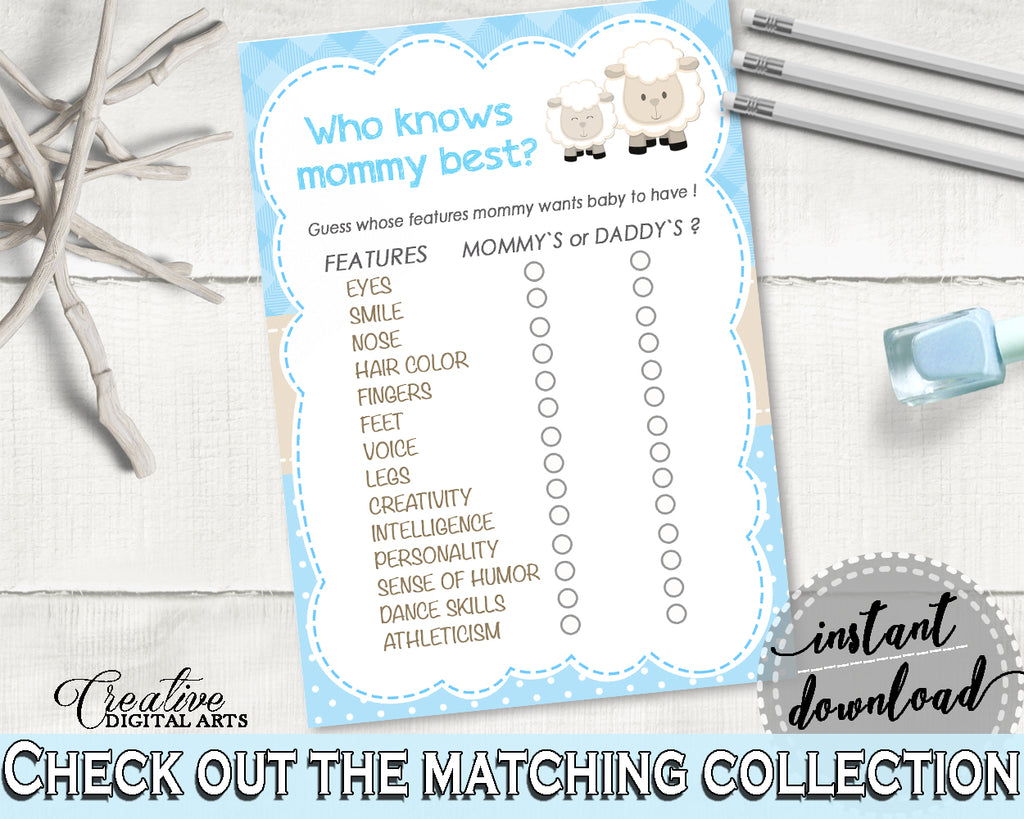 Little Lamb Blue Baby Shower Who KNOWS MOMMY BEST game, sheep boy shower theme printable, digital files Jpg Pdf, instant download - fa001