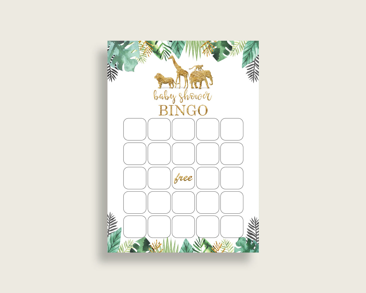 Jungle Baby Shower Bingo Cards Printable, Gold Green Baby Shower Gender Neutral, 60 Prefilled Bingo Game Cards, Tropical Animals EJRED