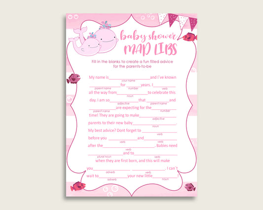 Pink White Mad Libs Baby Shower Girl Game Printable, Pink Whale Mad Libs Fun Activity, DIY digital file, Baby Whale Sea Animals wbl02