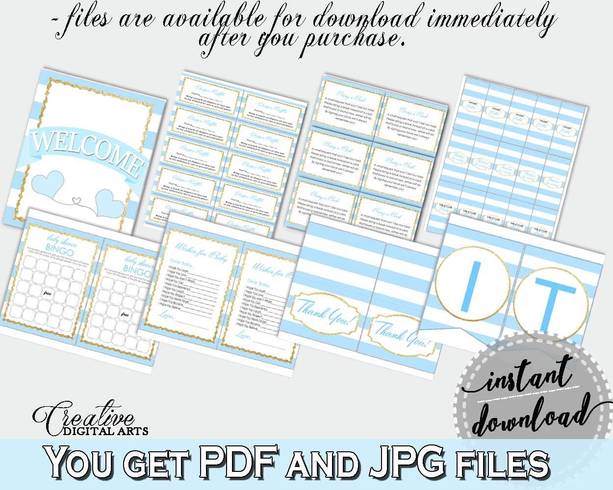 Baby Shower Decoration package bundle printable with Blue Stripes for boys, digital Jpg Pdf - Instant Download - bs002