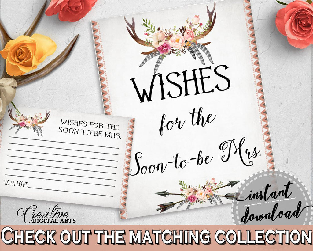 Wishes For The Soon To Be Mrs in Antlers Flowers Bohemian Bridal Shower Gray and Pink Theme, well wishes for mrs, party organizing - MVR4R - Digital Product