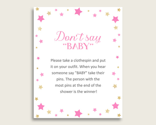 Pink Gold Don't Say Baby Printable Game, Girl Baby Shower Twinkle Star Game Sign, Instant Download, 8x10, Most Popular Cute Stars bsg01