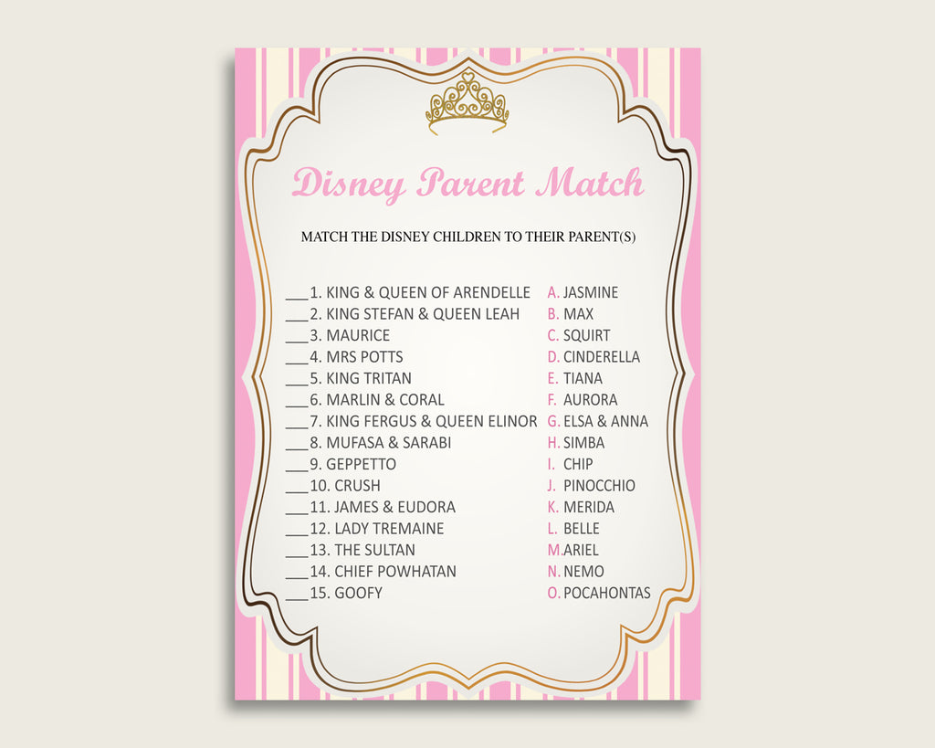 Royal Princess Disney Parent Match Game, Girl Baby Shower Game, Pink Gold Match The Disney Parents Printable, Instant Download, rp002