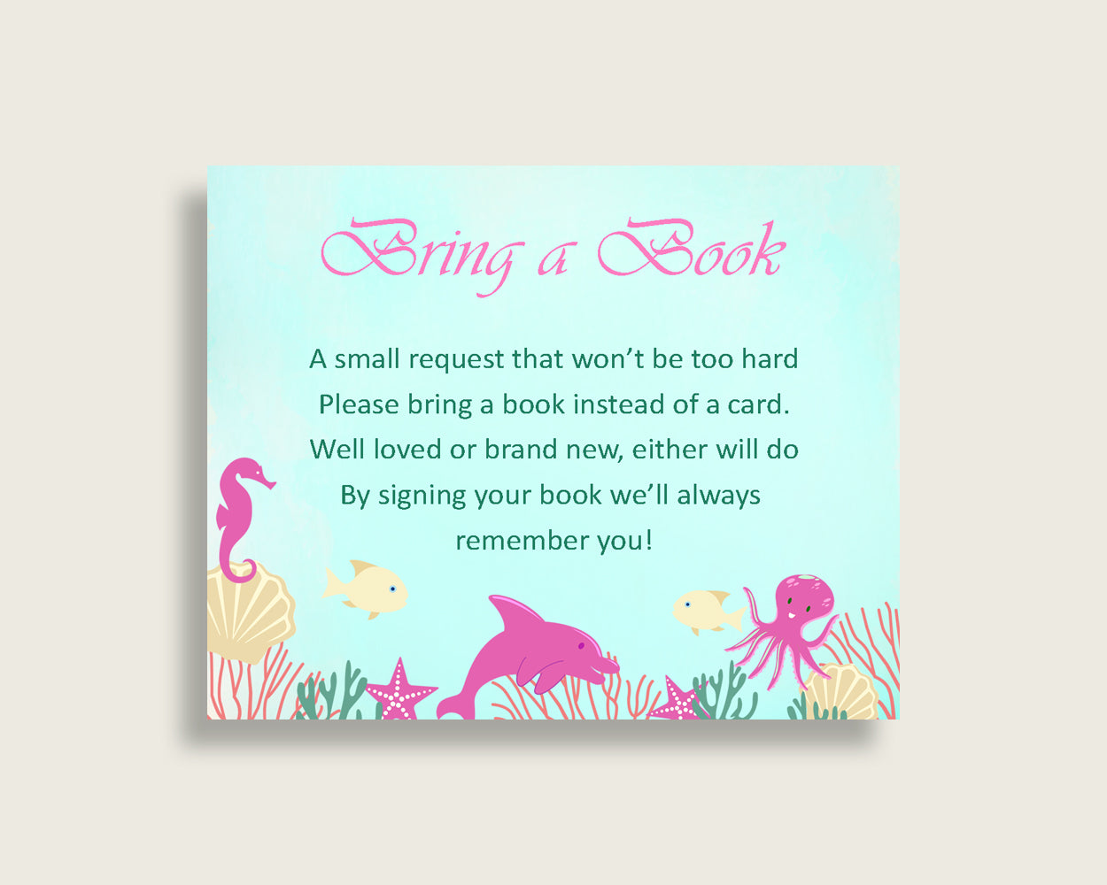 Under The Sea Baby Shower Bring A Book Insert Printable, Girl Pink Green Book Request, Under The Sea Books For Baby, Book Instead Of uts01