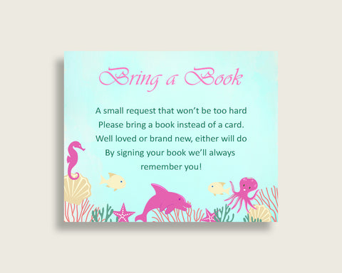 Under The Sea Baby Shower Bring A Book Insert Printable, Girl Pink Green Book Request, Under The Sea Books For Baby, Book Instead Of uts01