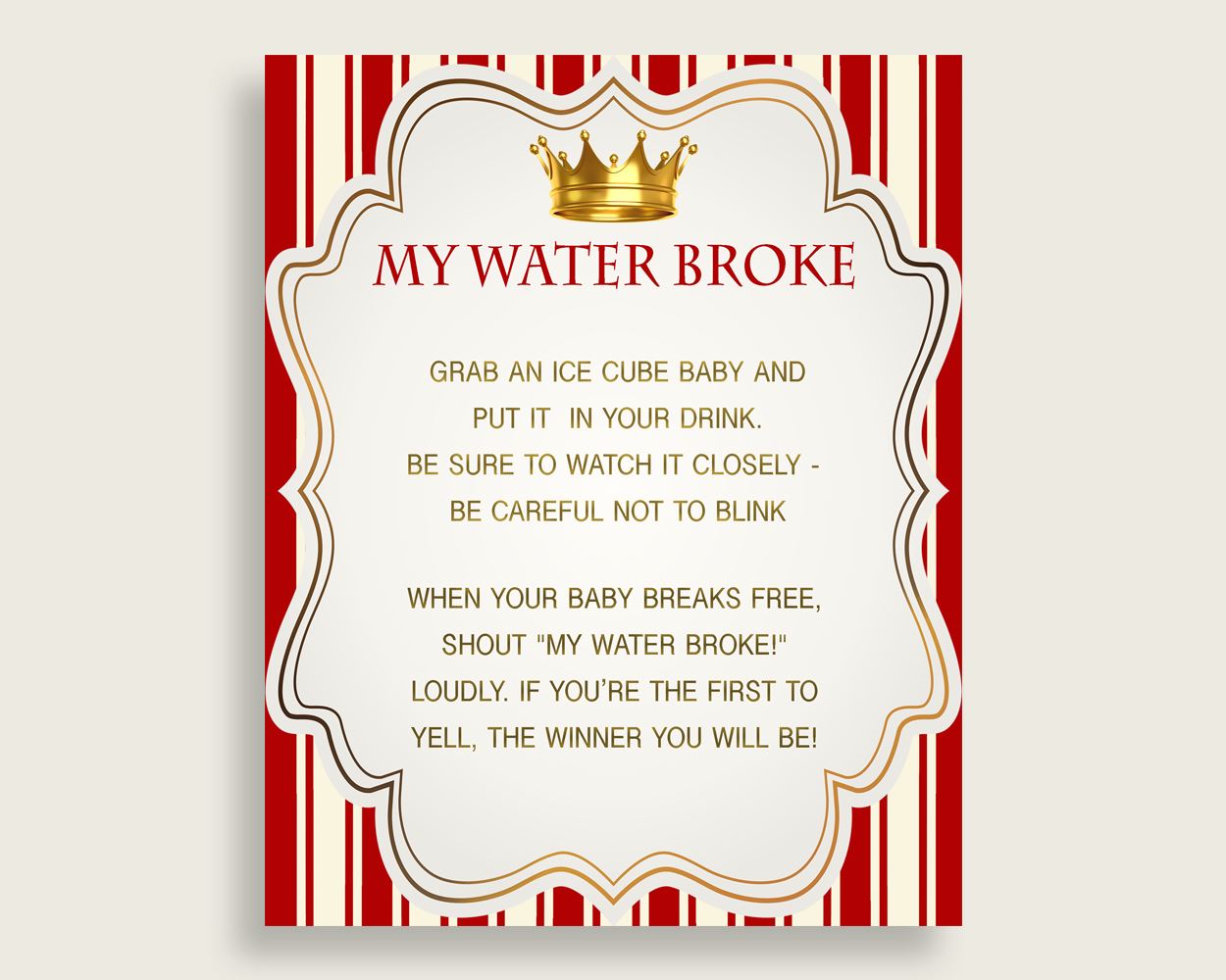 Prince Baby Shower My Water Broke Game Printable, Red Gold Ice Cube Babies Game, Boy Baby Shower Frozen Babies Game Sign 8x10, Instant 92EDX