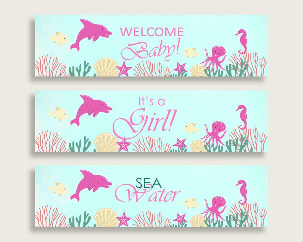 Pink Green Water Bottle Labels Printable, Under The Sea Water Bottle Wraps, Under The Sea Baby Shower Girl Bottle Wrappers, Instant uts01