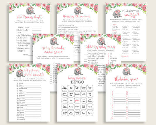 Pink Elephant Baby Shower Games Printable Pack, Pink Grey Baby Shower Games Package Girl, Pink Elephant Games Bundle Set, Instant ep001