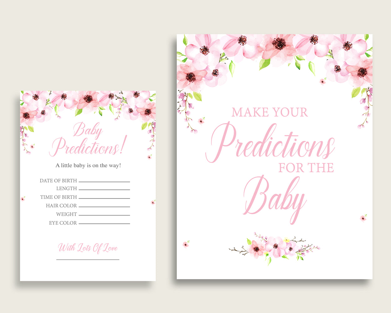 Flower Blush Baby Shower Prediction Cards & Sign Printable, Pink Green Baby Prediction Game Girl, Instant Download, Most Popular VH1KL