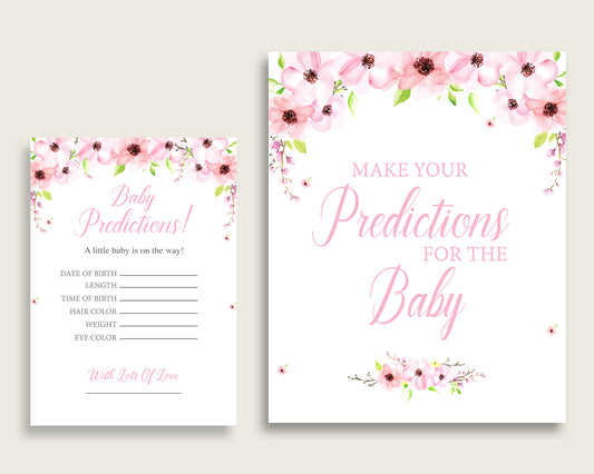 Flower Blush Baby Shower Prediction Cards & Sign Printable, Pink Green Baby Prediction Game Girl, Instant Download, Most Popular VH1KL