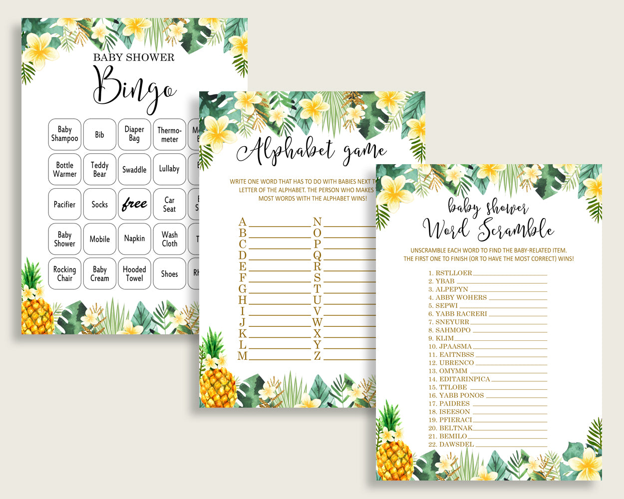 Tropical Baby Shower Games Printable Pack, Green Yellow Baby Shower Games Package Gender Neutral, Tropical Games Bundle Set, Instant 4N0VK