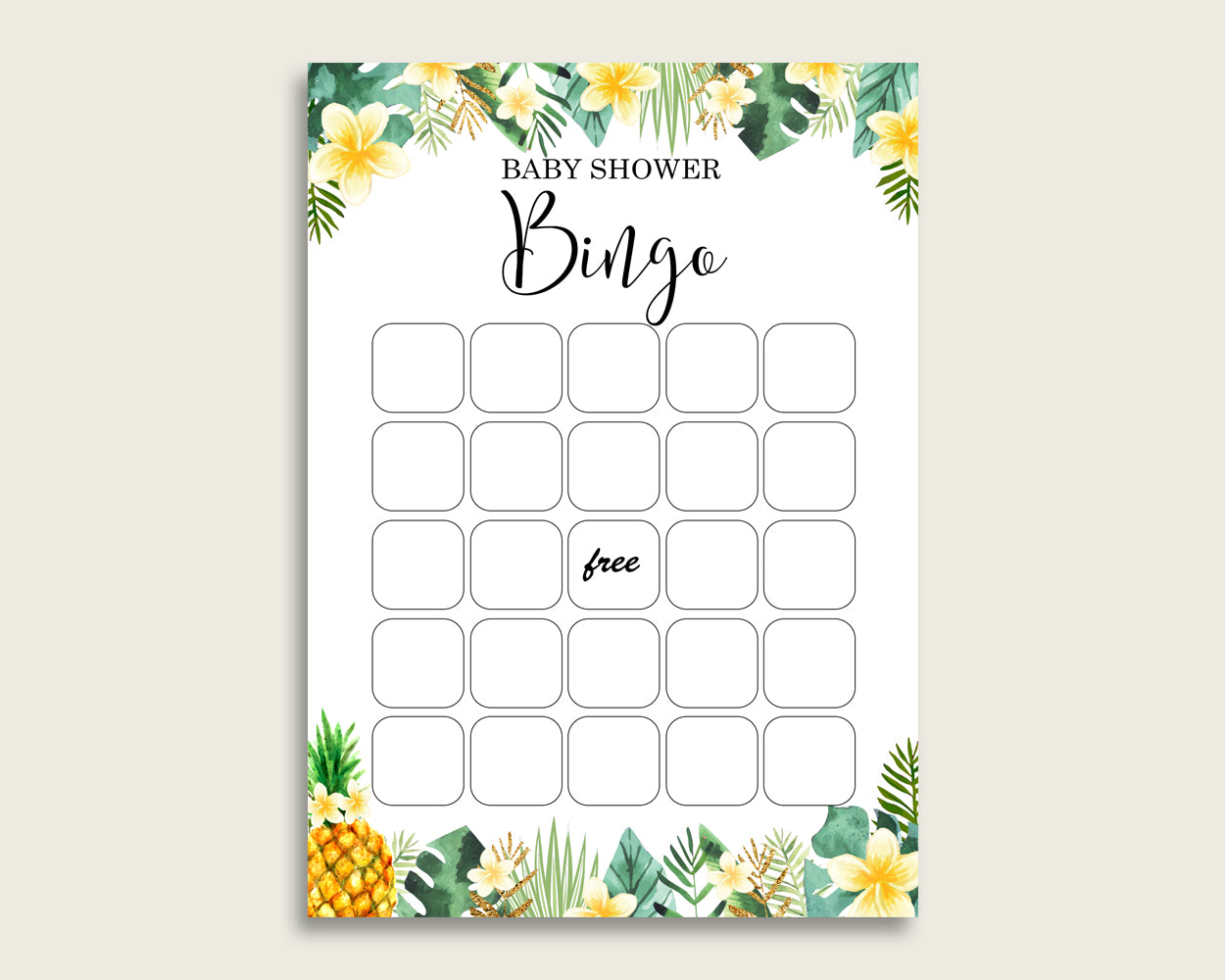 Green Yellow Baby Shower Bingo Blank Game Printable, Tropical Baby Shower Gender Neutral Bingo Blank Cards, Bingo Gift Opening Game, 4N0VK