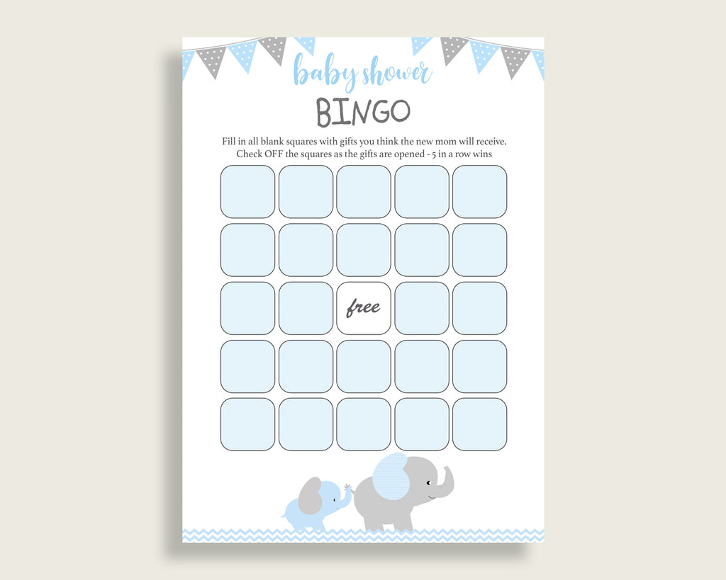 Blue Grey Baby Shower Bingo Blank Game Printable, Elephant Baby Shower Boy Bingo Blank Cards, Bingo Gift Opening Game, Mammoth Trunk ebl02