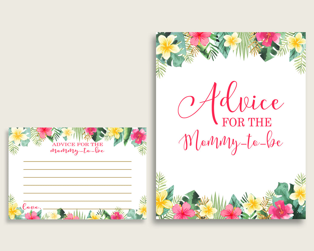 Hawaiian Advice For Mommy To Be Cards & Sign, Printable Baby Shower Pink Green Advice For New Parents, Instant Download, Luau Aloha 955MG