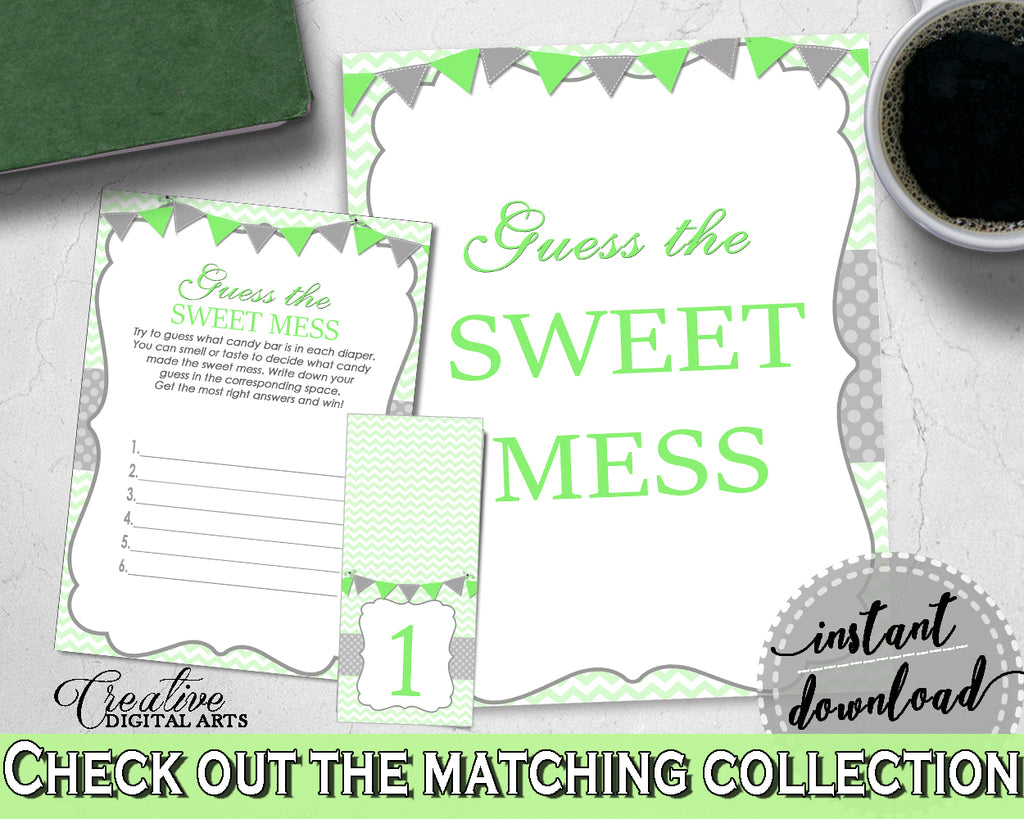 Baby shower boy GUESS the SWEET MESS game cards tents and sign with chevron green theme, Jpg Pdf, instant download - cgr01