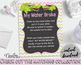 MY WATER BROKE baby shower game with green alligator and pink color theme, instant download - ap001