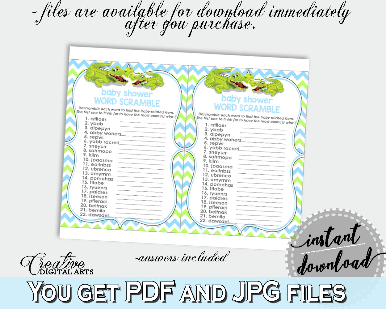 WORD SCRAMBLE baby shower game with green alligator and blue color theme, instant download - ap002