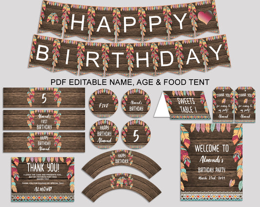 Wild One Birthday Party Package, Feathers Decorations Set Editable Brown Green, Birthday Kit Printable for Boy Girl, LQES5