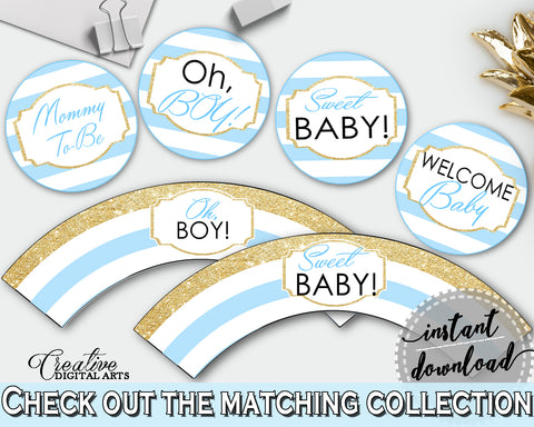 Baby shower printable CUPCAKE TOPPERS and cupcake WRAPPERS with blue and white stripes for boys or girls, instant download - bs002