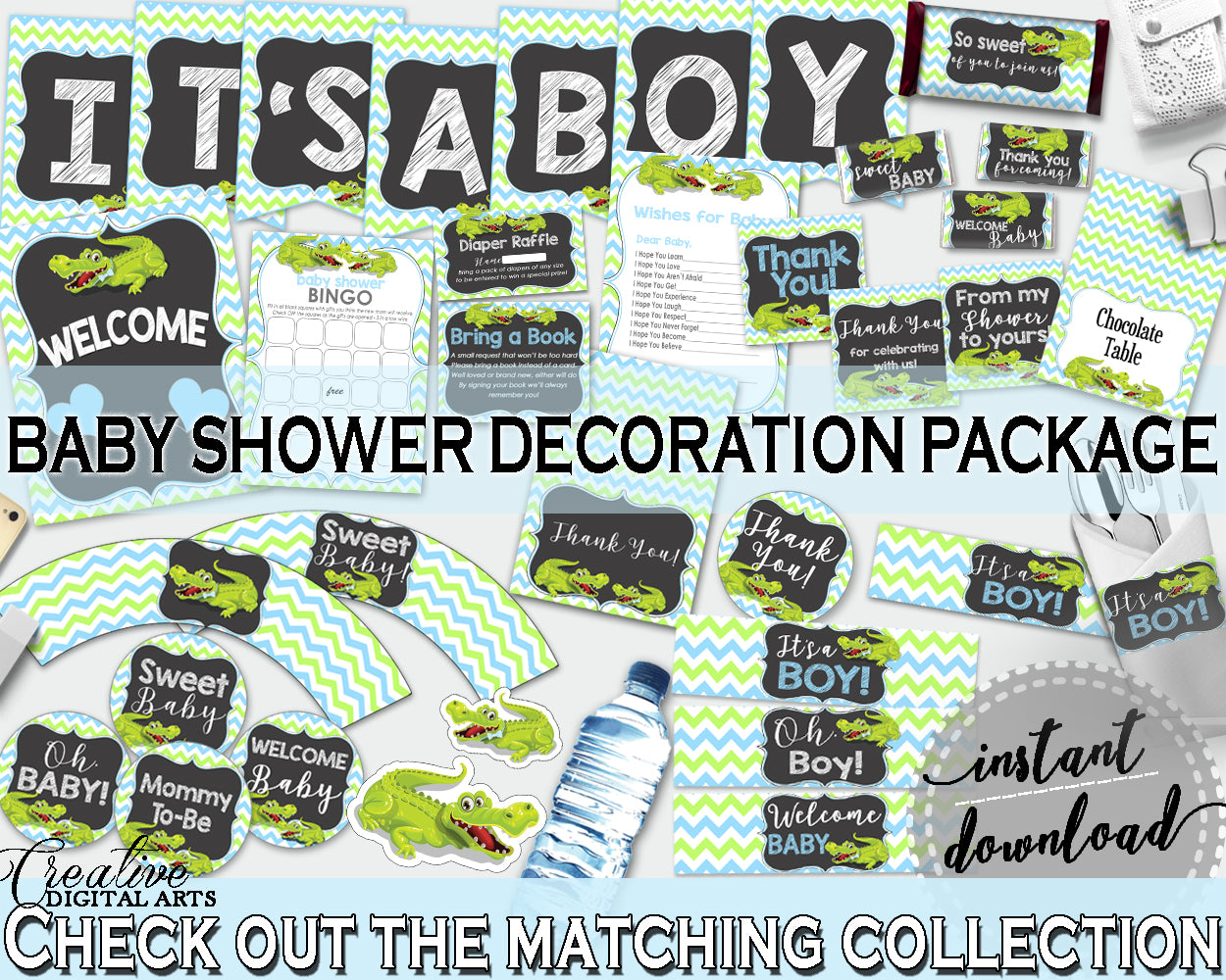 Blue and Green Baby Shower Decoration package bundle printable with Green Aligator Crocodile for boy - Instant Download - ap002