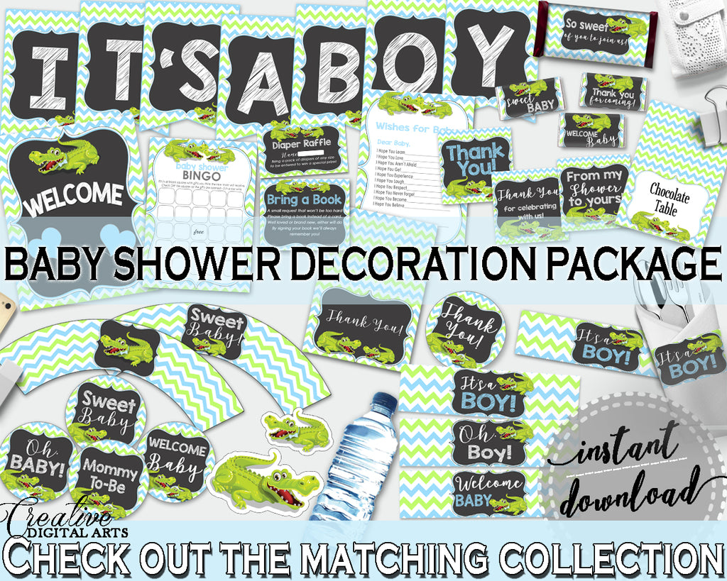 Blue and Green Baby Shower Decoration package bundle printable with Green Aligator Crocodile for boy - Instant Download - ap002