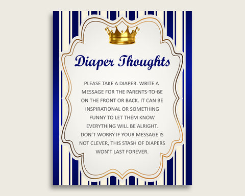 Royal Prince Baby Shower Diaper Thoughts Printable, Boy Blue Gold Late Night Diaper Sign, Words For Wee Hours, Write On Diaper Message rp001