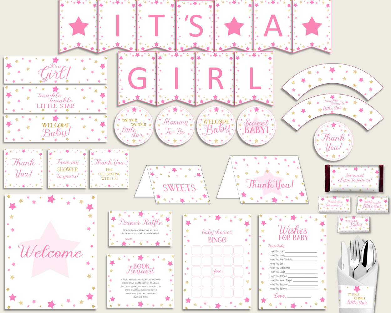 Pink Gold Baby Shower Decorations Girl Kit, Twinkle Star Baby Shower Party Package Printable, Instant Download, Cute Stars bsg01