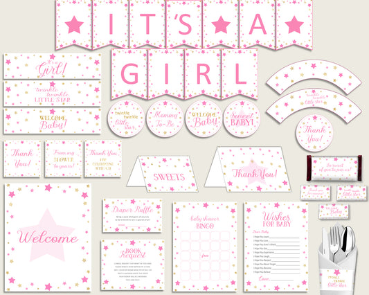 Pink Gold Baby Shower Decorations Girl Kit, Twinkle Star Baby Shower Party Package Printable, Instant Download, Cute Stars bsg01