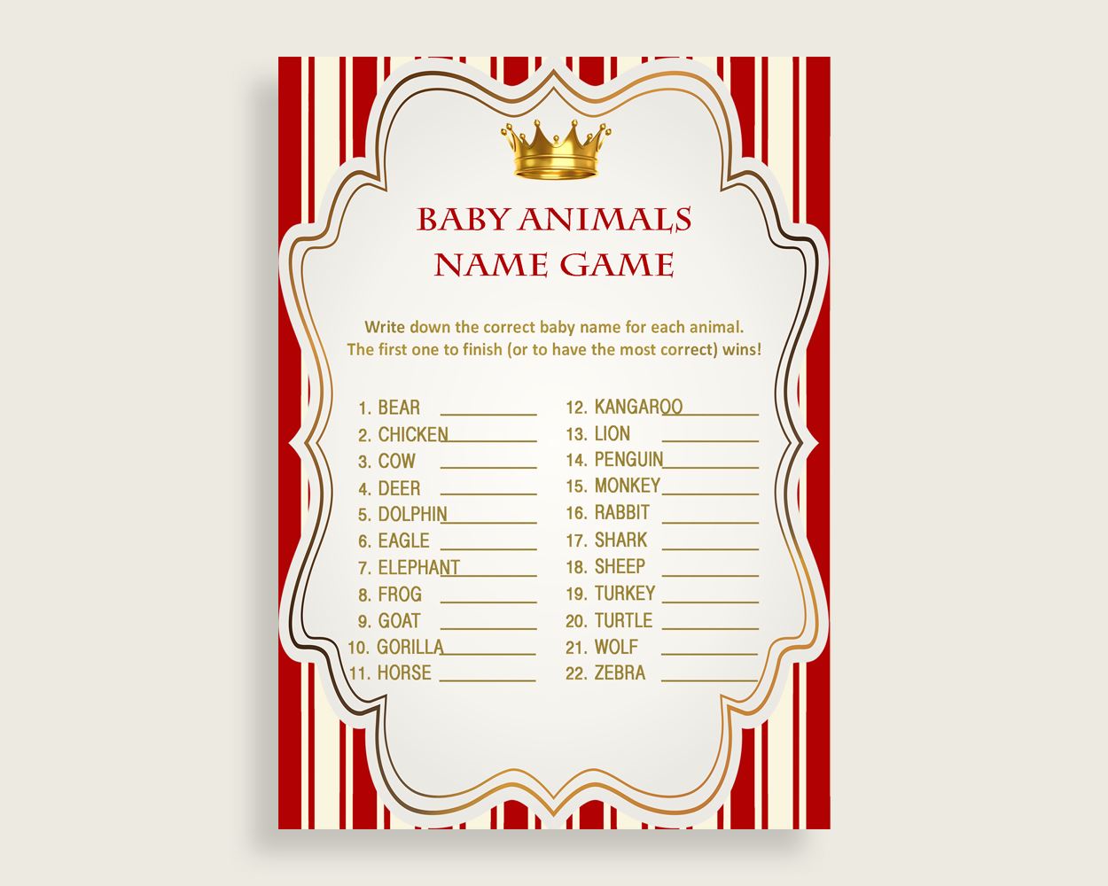 Prince Name The Baby Animals Game Printable, Red Gold Baby Shower Animal Game, Boy Baby Shower, Instant Download, Most Popular Crown, 92EDX