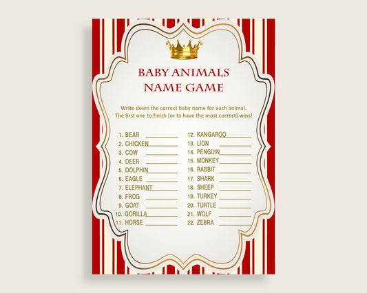 Prince Name The Baby Animals Game Printable, Red Gold Baby Shower Animal Game, Boy Baby Shower, Instant Download, Most Popular Crown, 92EDX