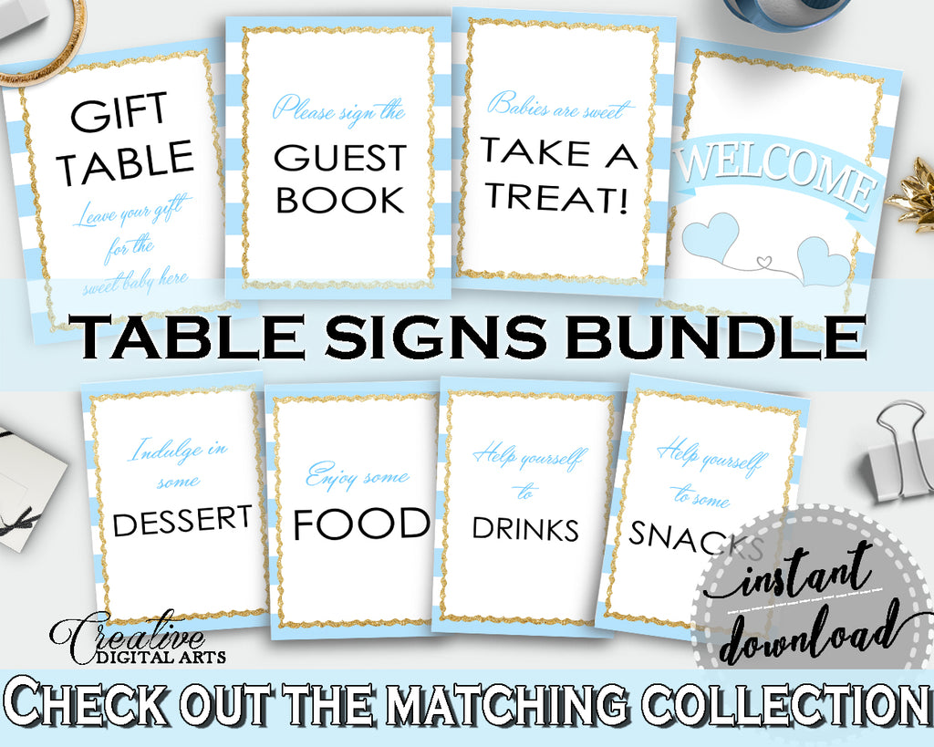 Baby shower TABLE SIGNS decoration printable with blue stripes, gold glitter, digital jpg pdf, instant download - bs002