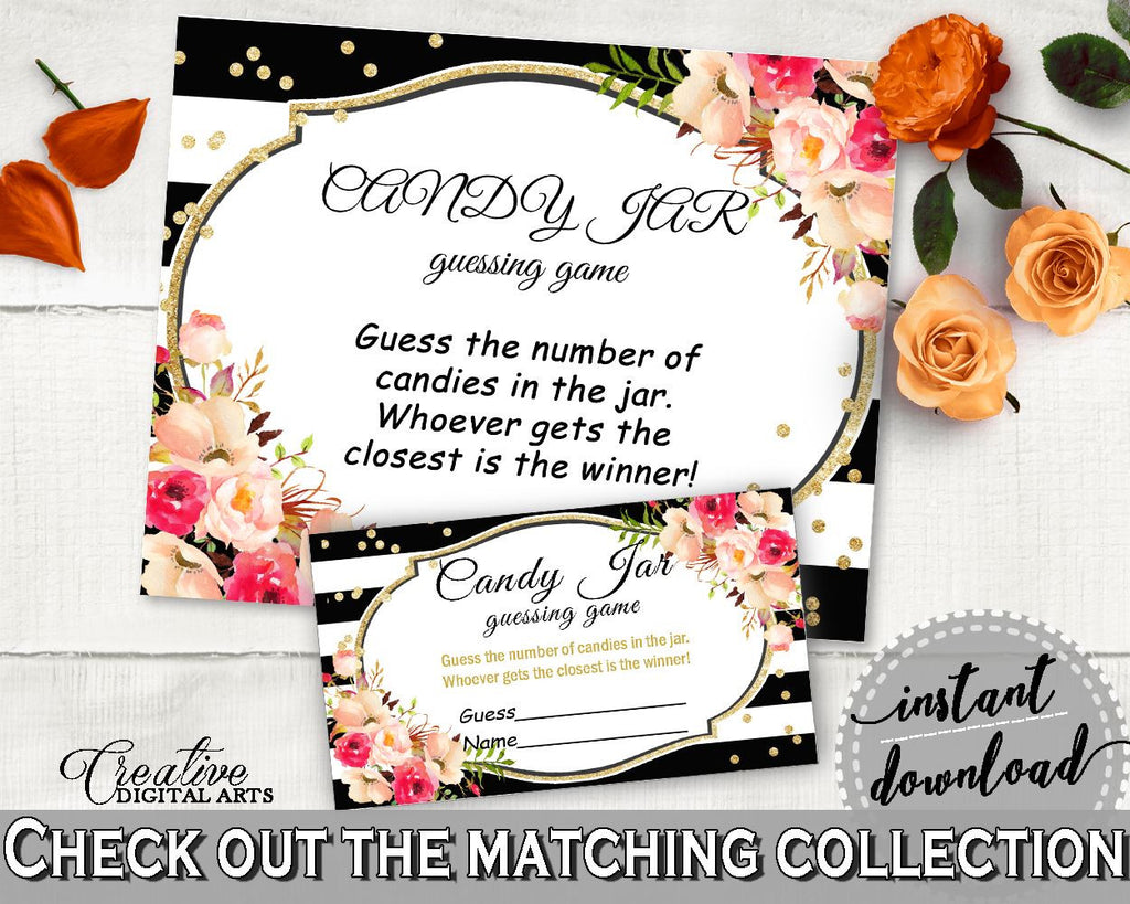 Candy Guessing Game in Flower Bouquet Black Stripes Bridal Shower Black And Gold Theme, competition, classy bride, party décor - QMK20 - Digital Product