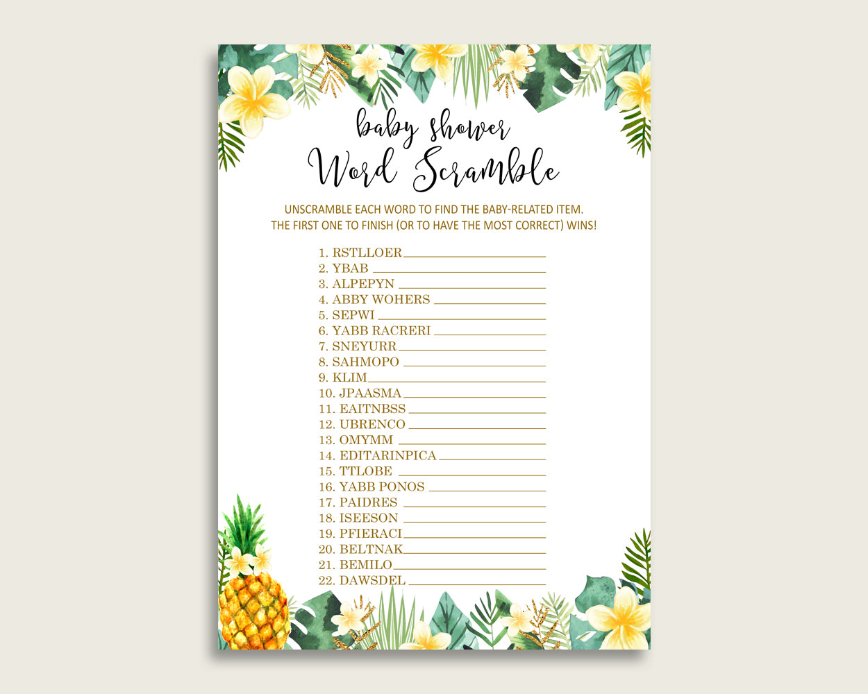 Gender Neutral Baby Shower Word Scramble Game Printable, Cute Tropical Green Yellow Word Scramble, Funny Activity, Instant Download, 4N0VK