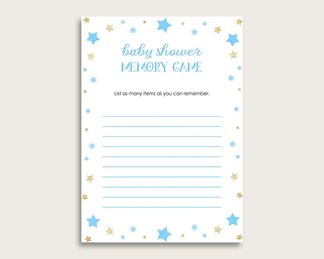 Stars Baby Shower Memory Game, Blue Gold Memory Guessing Game Printable, Baby Shower Boy, Instant Download, Most Popular Little Star bsr01