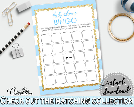 Baby Shower printable BINGO GIFT game card printable with blue stripes and glitter gold title, Jpg Pdf, instant download - bs002