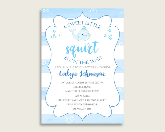 Whale Baby Shower Invitations Printable, Digital Or Printed Invitation Baby Shower Boy, Editable Invitation Blue White Nautical Sea wbl01