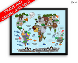 Animals World Map Print, Beautiful Wall Art with Frame and Canvas options available Nursery Decor