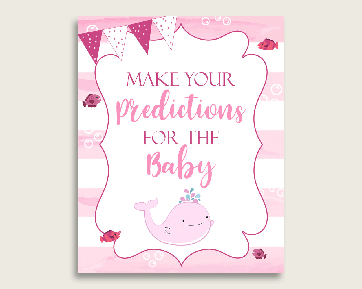 Pink Whale Baby Shower Prediction Cards & Sign Printable, Pink White Baby Prediction Game Girl, Instant Download, Sea Animals Popular wbl02