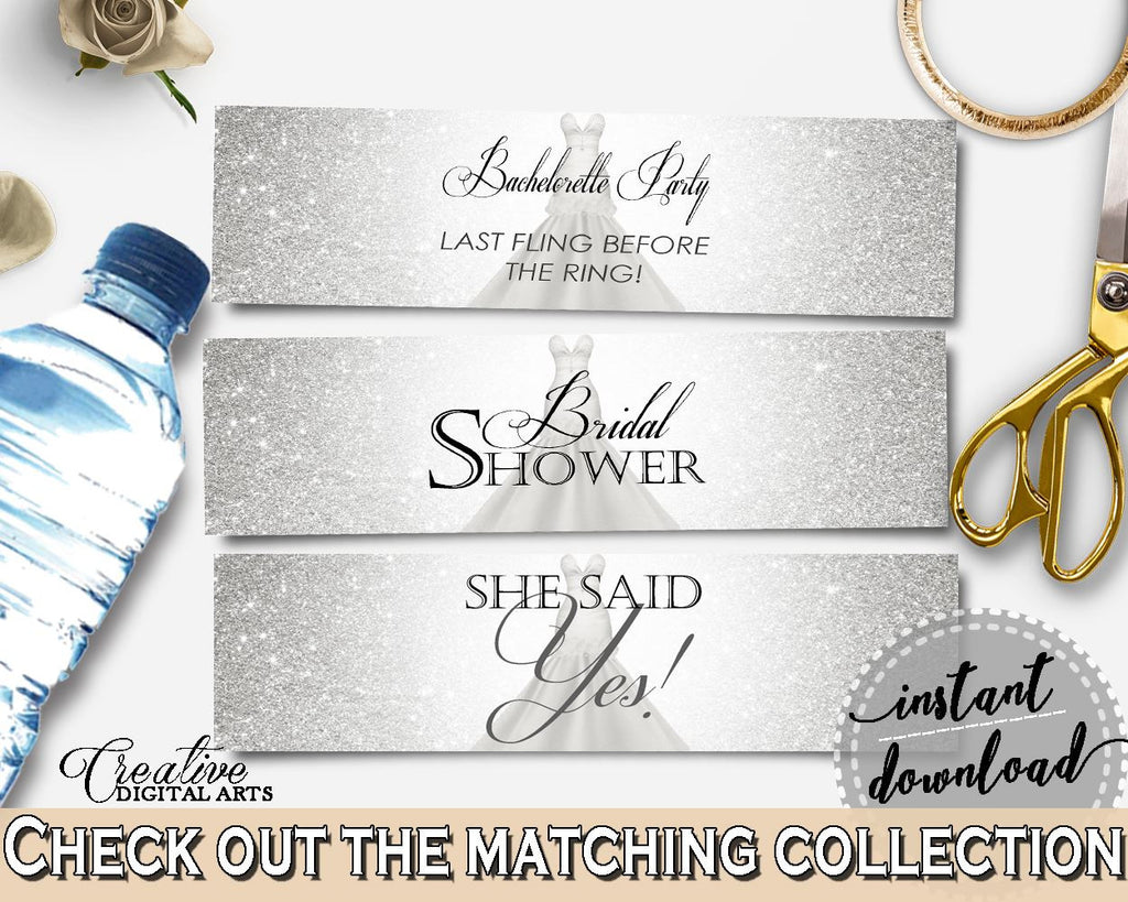 Silver And White Silver Wedding Dress Bridal Shower Theme: Bottle Labels - last fling, bridal tradition, party plan, party planning - C0CS5 - Digital Product