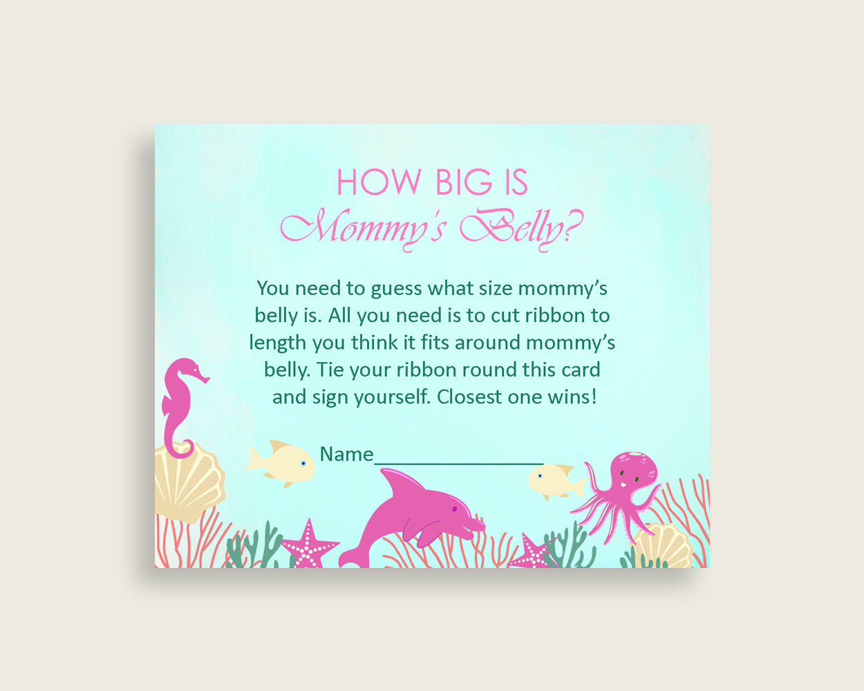 Pink Green How Big Is Mommy's Belly Game, Under The Sea Baby Shower Girl, Guess Mommys Belly Size, Mommy Tummy Game, Instant Download, uts01