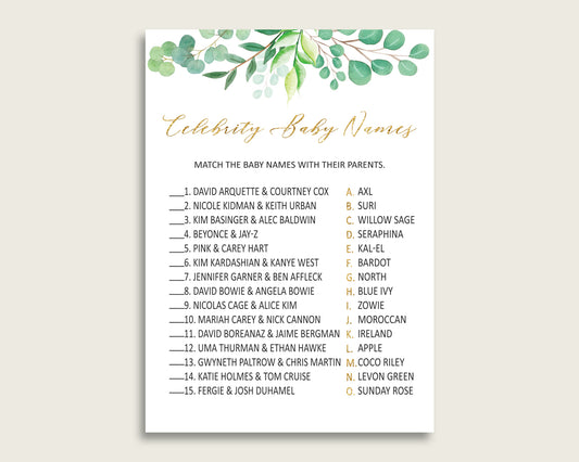 Green Gold Celebrity Baby Names, Greenery Baby Shower Gender Neutral Name Game Printable, Celebrity Match Game, Famous Babies Game Y8X33