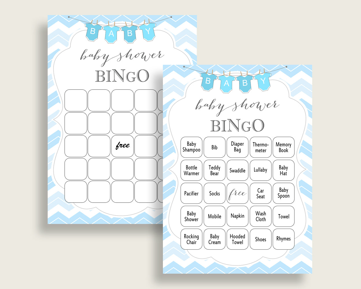 Chevron Baby Shower Bingo Cards Printable, Blue White Baby Shower Boy, 60 Prefilled Bingo Game Cards, Light Blue Popular cbl01