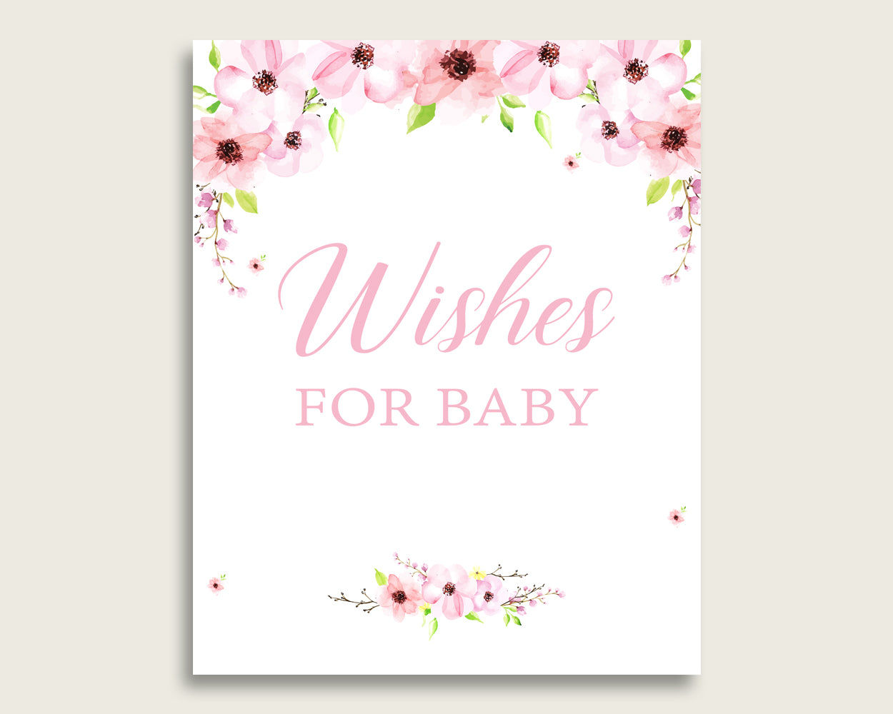 Pink Green Wishes For Baby Cards & Sign, Flower Blush Baby Shower Girl Well Wishes Game Printable, Instant Download, Watercolor VH1KL