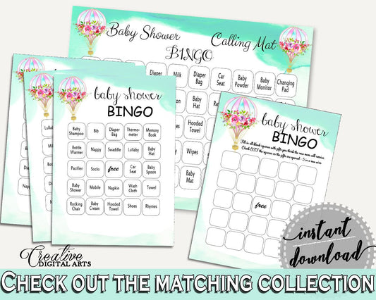 Bingo Baby Shower Bingo Hot Air Balloon Baby Shower Bingo Baby Shower Hot Air Balloon Bingo Green Pink digital download, pdf jpg CSXIS - Digital Product